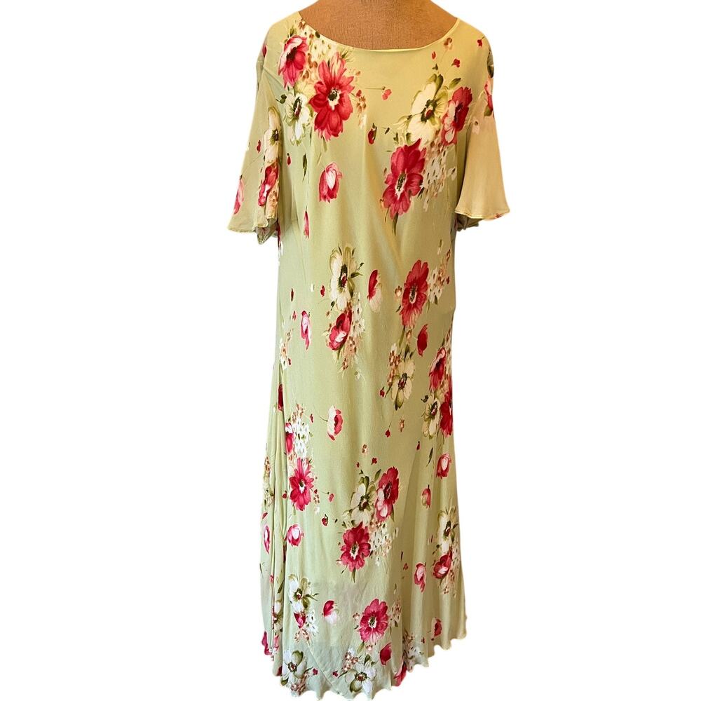 Vintage 90s floral rayon soft yellow dress midi romantic fairy Summer wedding